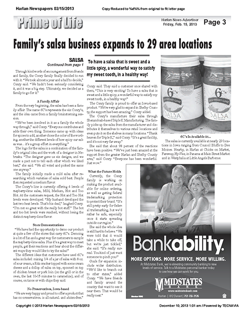 Harlan Newspapers' continuation of their coverage of 6 C's salsa. Click to view in PDF form.